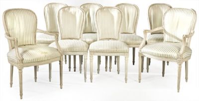 Siller&iacute;a de estilo Luis XVI policromada 
. Louis XVI style chairs in carved 