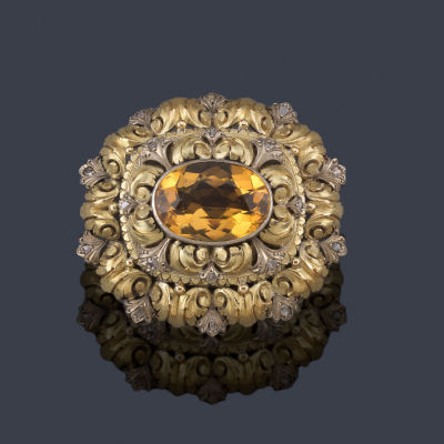 : Broche modernista catal&aacute;n a&ntilde;os '30 con cuarzo citrino talla oval y diamantes talla rosa. Broch 
