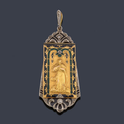 : Medalla devocional con la Imagen de La Virgen de la Inmaculada con decoraci&oacute;n en esmalte azul 