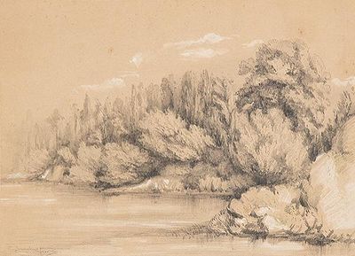 : EMILIO S&Aacute;NCHEZ PERRIER - Riberas de un rio. EMILIO S&Aacute;NCHEZ PERRIER Sevilla 1855 - Alhama de 
