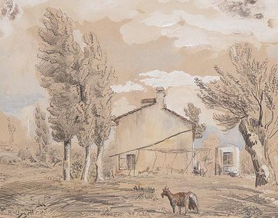 : RICARDO URGELL - Casa rural. RICARDO URGELL Barcelona 1873 - 1924 Casa rural Dibujo a l&aacute;piz 