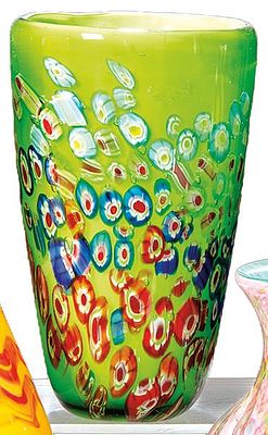 : Jarr&oacute;n de cristal de Murano verde con decoraci&oacute;n de "molti fiori" de colores. Jarr&oacute;n de 