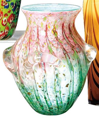 : Jarr&oacute;n de cristal de Murano con decoraci&oacute;n de franjas sesgadas verdes y rosas, inclusi&oacute;n de 