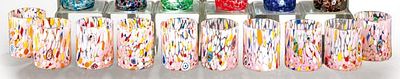 : Juego de diez vasos de cristal de Murano transparentes con manchas rosas y de otros colores y 