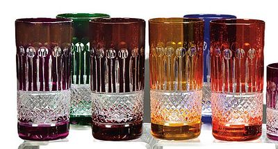 : Seis vasos altos de cristal de Bohemia tallado y esmaltado de distintos colores. Seis vasos 