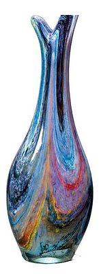 : Jarr&oacute;n de cristal de Murano de boca irregular con decoraci&oacute;n moteada de colores azlules y rojos. 