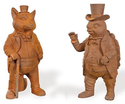 : Tortuga y zorro vestidos y con sombrero de hierro colado para jard&iacute;n. Tortuga y zorro 