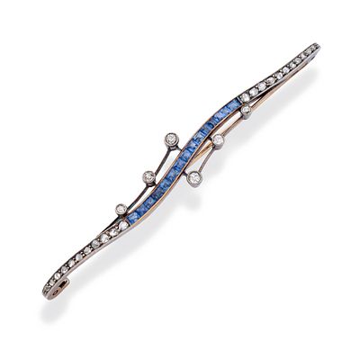 : Broche - barrita con dise&ntilde;o ondulado con zafiros calibrados de aprox. 1,70 ct y diamantes 