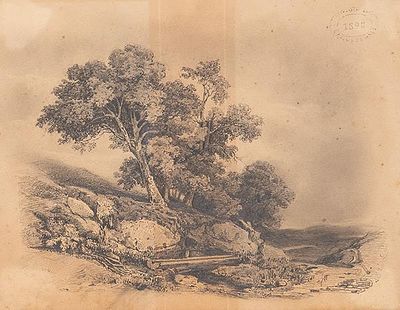 : CARLOS DE HAES - Paisaje. CARLOS DE HAES Bruselas 1826 - Madrid 1898 Paisaje Carboncillo sobre 