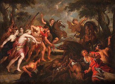 TALLER DE PEDRO PABLO RUBENS S. XVII - La caza de Meleagro y Atalanta. TALLER DE PEDRO PABLO 