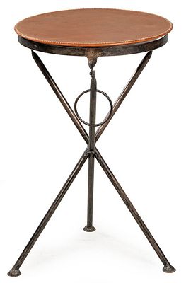 : Mesa auxiliar de Sol y Luna, con tablero circular de cuero con detalles de costura, sobre 