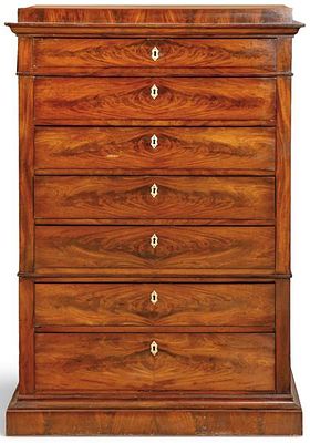 : C&oacute;moda alta de dos cuerpos Biedermeier en madera de caoba y palma de caoba, con bocallave de 