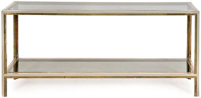 : Consola con estructura en metal cromado y lat&oacute;n, con tapa y estante inferior en cristal 