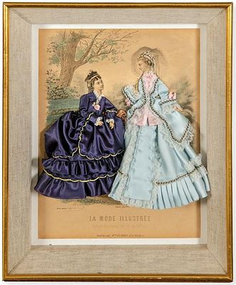 : Grabado enmarcado en vitrina de la Mode Ilustr&eacute;e fechado en 1873, coloreado al acuarela y con 