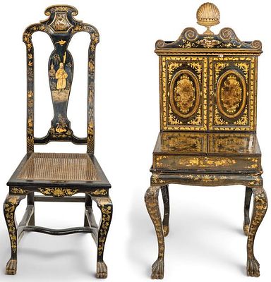 : Mueble tocador-escritorio y silla de madera lacada y dorada, China Dinast&iacute;a Qing S. XIX. Muebl 