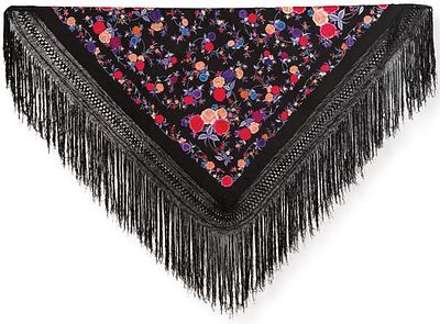 : Mant&oacute;n de Manila en crep&eacute; de seda negro con flores bordadas de colores. Mant&oacute;n de Manila en 