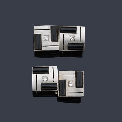 : Gemelos Art Dec&oacute; dobles en platino mateado, &oacute;nix y diamante central. Gemelos Art Dec&oacute; 