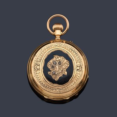 : Reloj saboneta de colgar con caja en oro amarillo de 18 K y esmalte. Reloj saboneta de colgar 