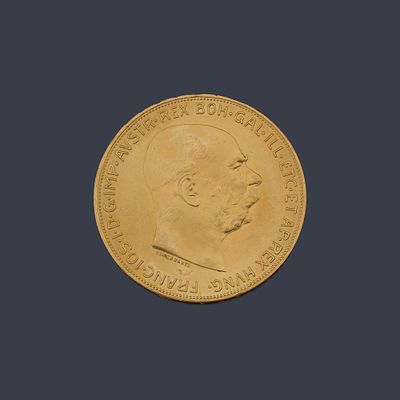 : Francisco I, 100 coronas, Austria en oro de 22 K. Francisco I, 100 coronas, Austria en oro de 