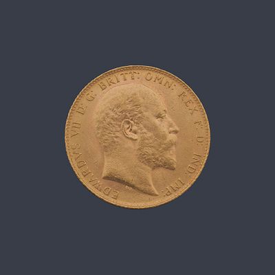 : Moneda de libra esterlina, Eduardo VII en oro de 22 K. Moneda de libra esterlina, Eduardo VII 