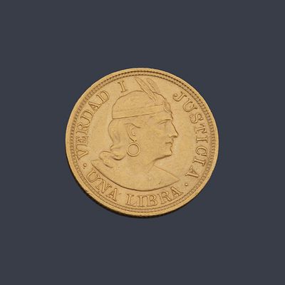 : Moneda 1 Libra, Rep&uacute;blica de Per&uacute;, Lima en oro de 22 K. Moneda 1 Libra, Rep&uacute;blica de 