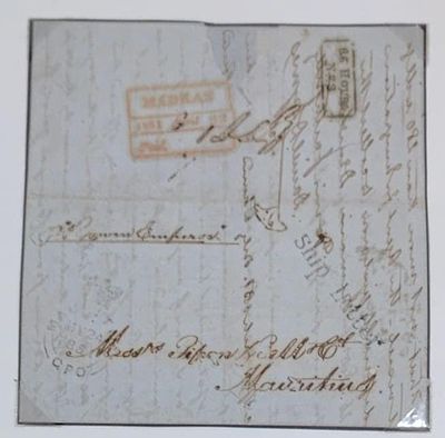 1851 , Entire from Madras , dt.23rd April, to Mauritius , carried by the PRIVATE SHIP stamped
