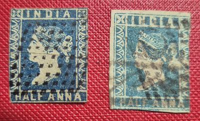 Q.V.1/2 Anna Die l and Die lll, cut into, both used.