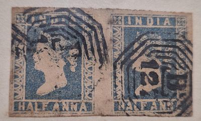 Q.V. 1/2 Anna pair, Die l, used in Moulmein B/127.