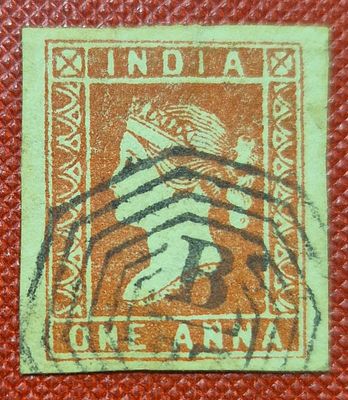 Q.V. 1 Anna, Die l , cancelled with Type 7 cancellation, full margin on all sides.