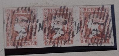 INDIA 1 Anna, DIE l, Dull red, Horizontal strip of 3with large four margins, well tied with