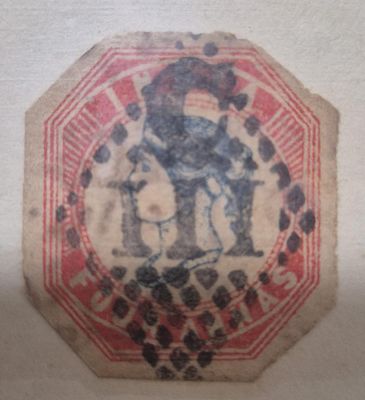 Q.V. 4 Anna's cut to shape , used in Pondicherry (C/lll), Fourth Printing with good margin.