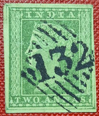 Q.V. 2 annas with 1 Anna watermark, width of the band (13.5m) , cancelled with "132" pmk.
