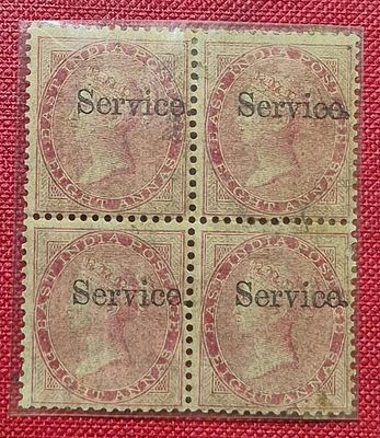 East India 8 annas Q.V.ovpt "SERVICE" UMM, BLK OF 4, SG# 05,Cat £220+