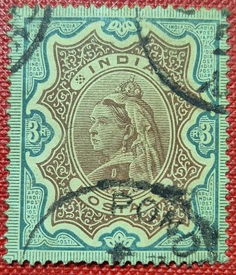 Q.V. 3 rupees , Brown and green, used in Pondicherry