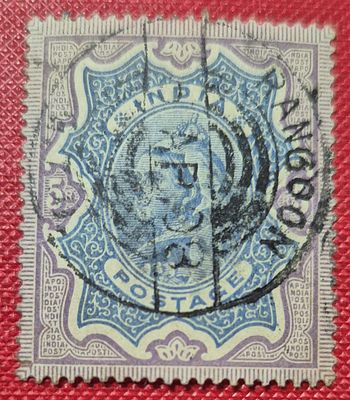 INDIA USED IN RANGOON
Q.V. 5 r , SG # 109,with telegraphic Cancellation.
Cat