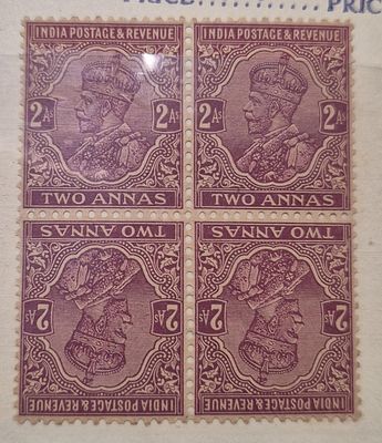 K.G V 2 annas Tete-Beche blk of 4,, SG #206a, cat £28