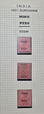 1921" NINE PIED" on KGV 1 anna , Rose Carmine, three different Essay of Surcharge, all mint and