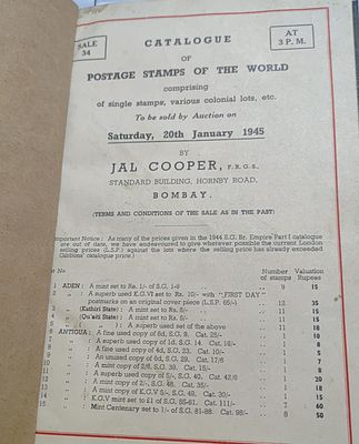 1945 JAL COOPER'S AUCTION CATALOGUES NO. 32 TO 41,DELUXE BOUND VOLUME WITH PRICE REALIZATION IN 