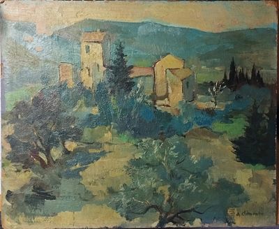A.Clement - שמן עם מזונית, נוף עם מבנים. . 46X38 ס"מ. צבע מקולף בפינה שמאלית עליונה. 
משלוח עם 