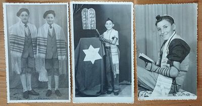 3 צילומים גודל גלויה - נערים בטלית / תפילין. שנות ה-40-50.