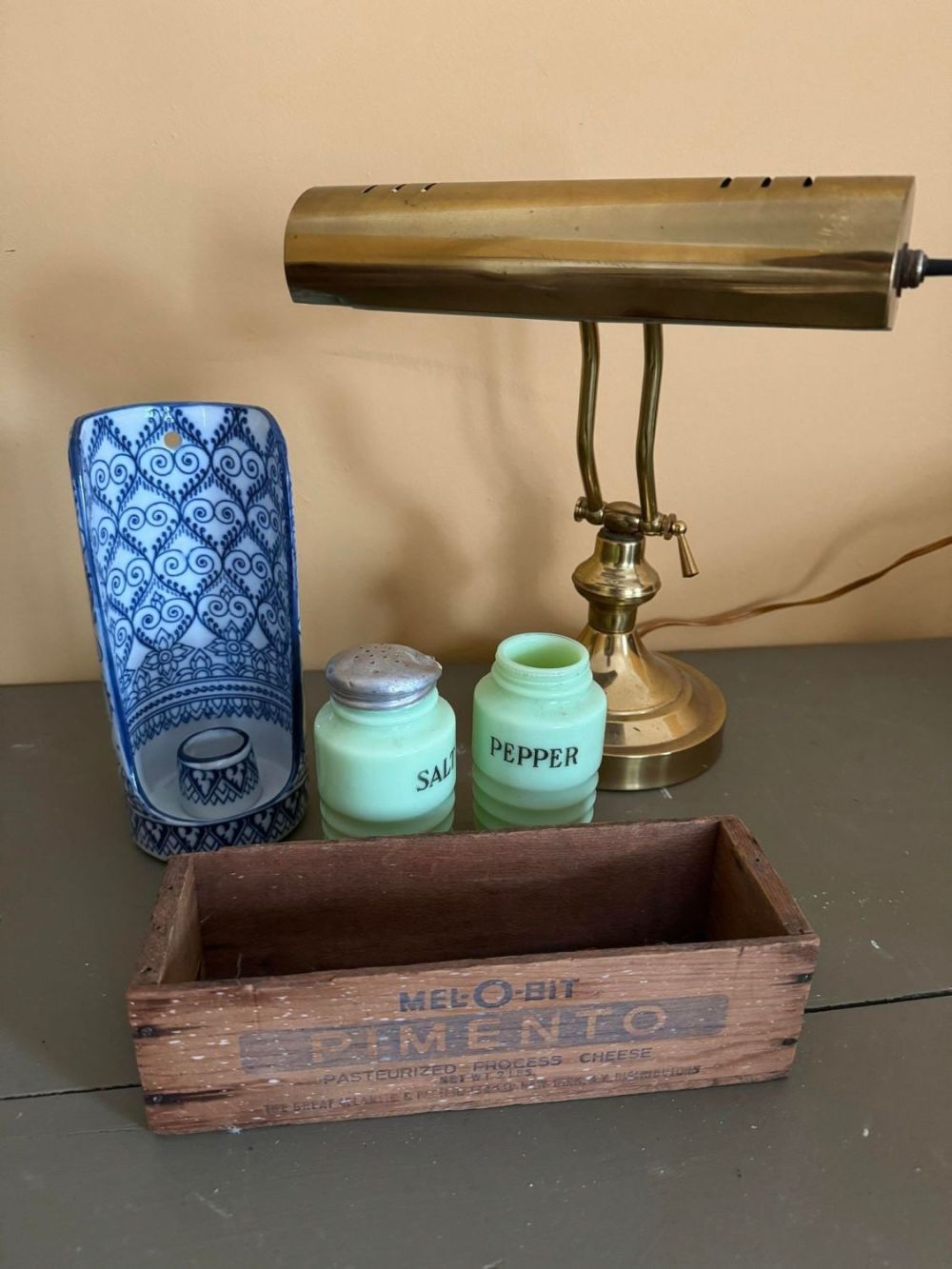Lot 291: Misc. Items- Student's Lamp, Flow Blue Candleholder, Jadeite Salt and Pepper Shakers, Pimento Cheese