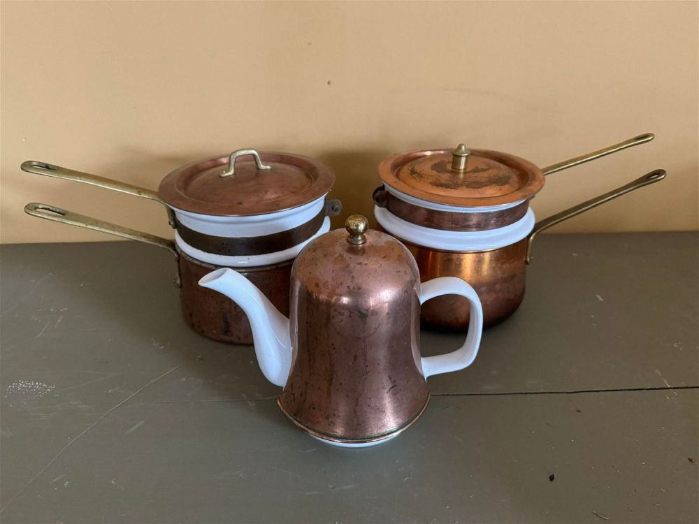 Lot 300: Copper and Ceramic Pitcher and Double Boilers