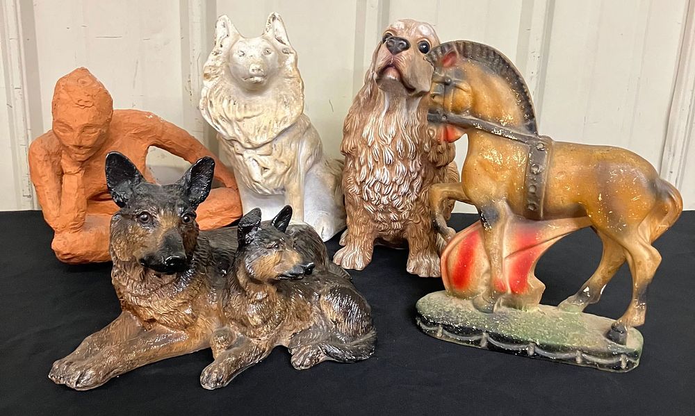Lot 255: Collection Of Vintage Sculptures - Chalkware Dogs, Native American And Horse (Tallest 12")