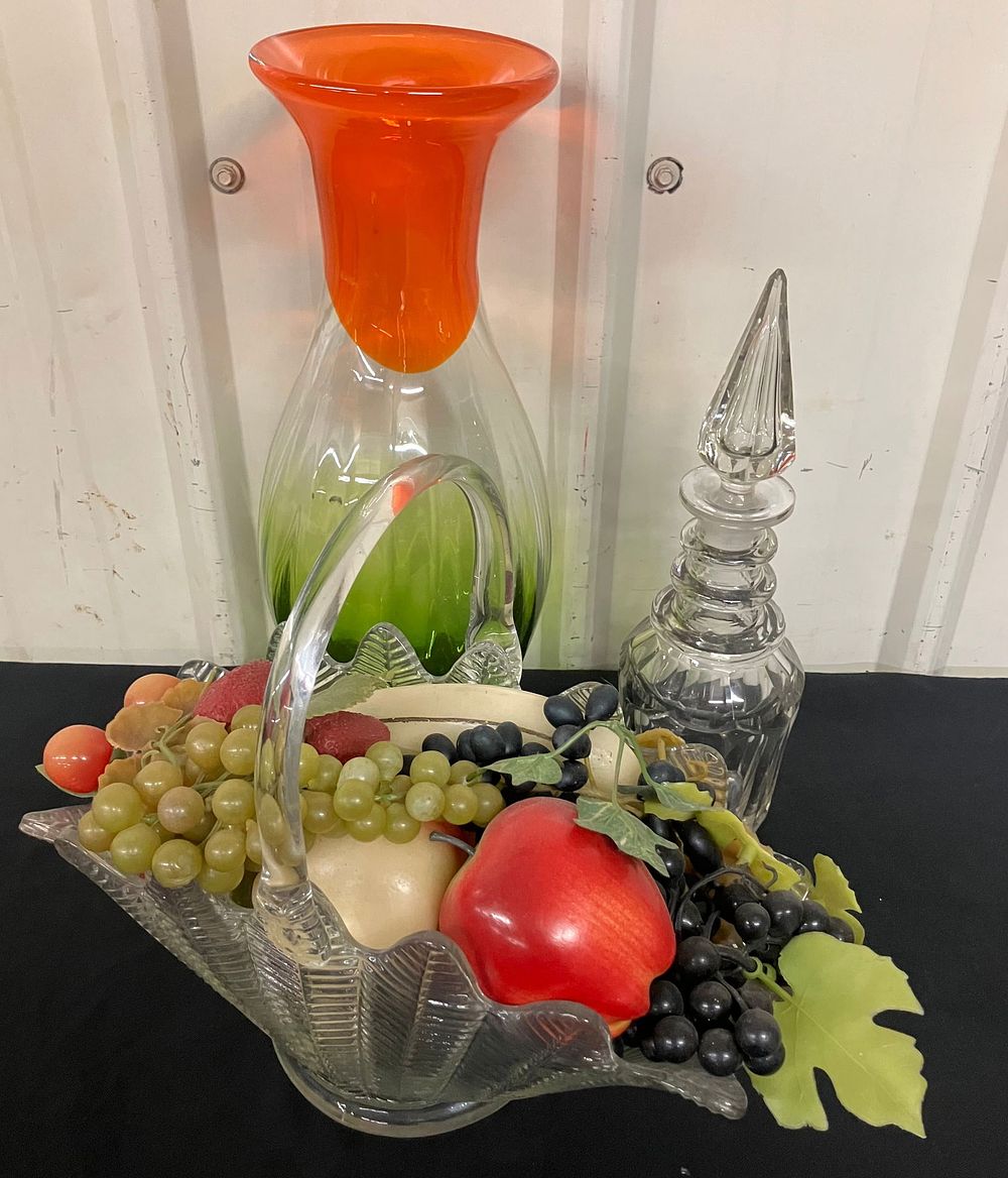 Lot 265: Lot Of Glassware Decoration Including Glass Cornucopia Basket, Multi-Color Vase (15"H) And Glass