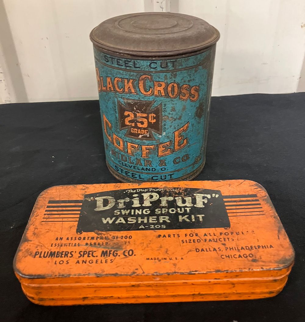 Lot 266: Pair Of Early Advertising Tins Including 25 Cent Black Cross Coffee Pitcher Tin (5"H) And DriPruf