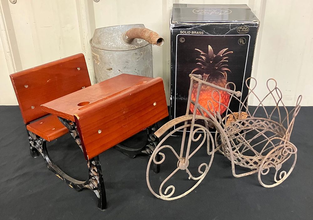 Lot 273: Vintage Miniature Student's Desk, Bicycle Wire Planter, Lamp And Aluminum Watering Can (12")