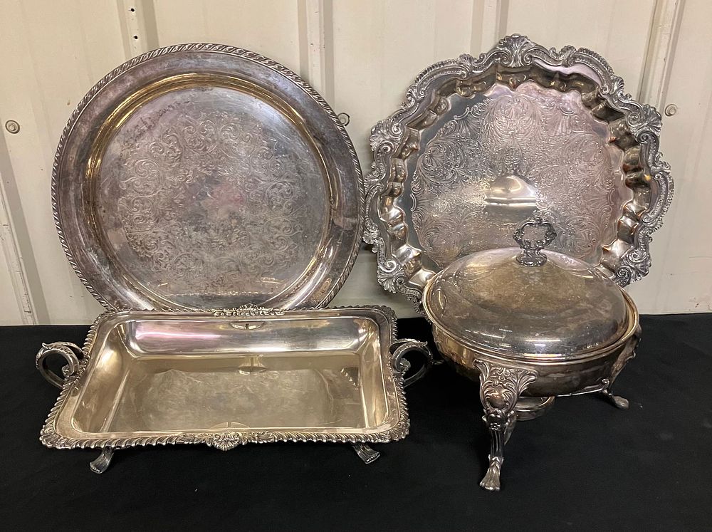 Lot 279: Lot Of Silver Plated Serving Ware - Platters (Largest Platter 16"Diameter)
