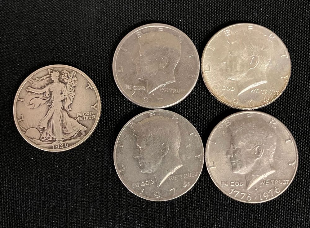 Lot 213: 1936 Walking Liberty Half Dollar Silver Coin With 64', 71', 74' And 76' Kennedy Halves