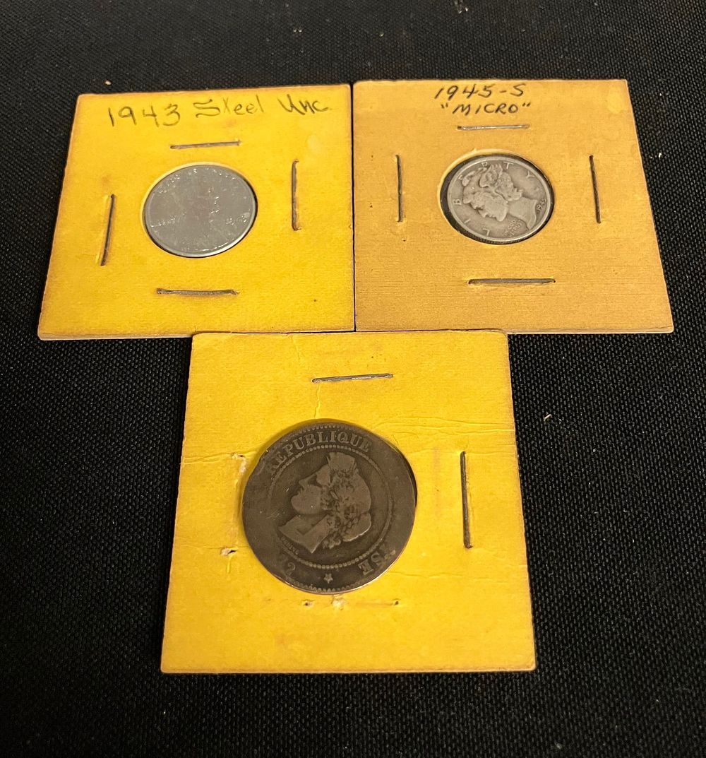 Lot 226: 1943 Steel Penny, 1945-S "Micro" Mercury Dime And 1800's French 5 Cent Coin
