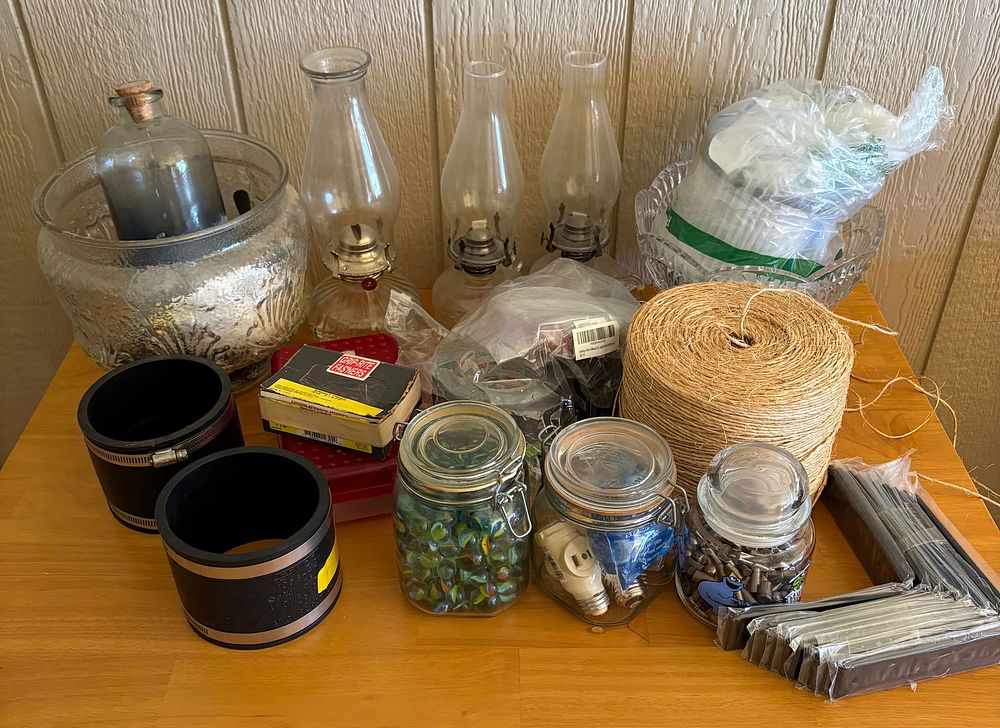 Lot 431: Large Collection Including Oil Lamps, Glass Marbles, Twine And Glass Bowls